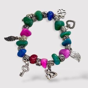 Colorful Pink Green Multicolor Bohemian Charm Bracelet Gemstone Whimsical Beach